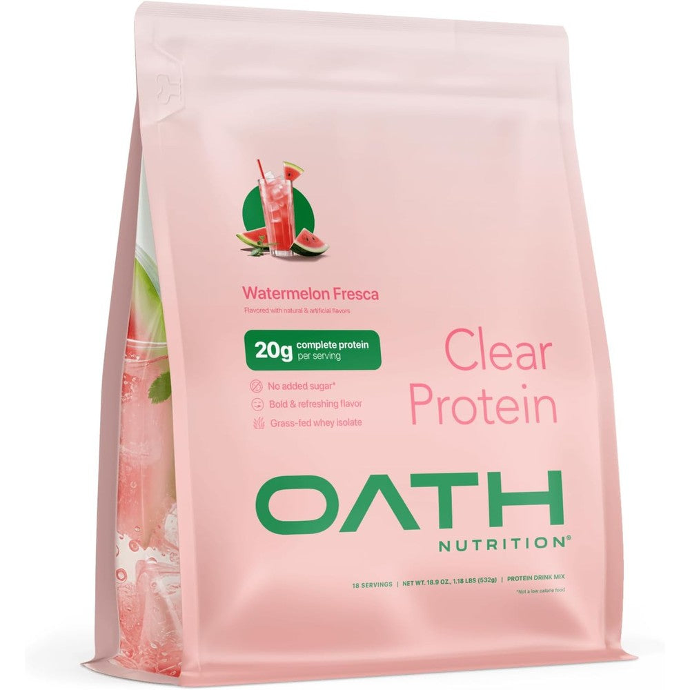 Oath Nutrition Clear Whey Isolate Watermelon Fresca front view protein powder tub