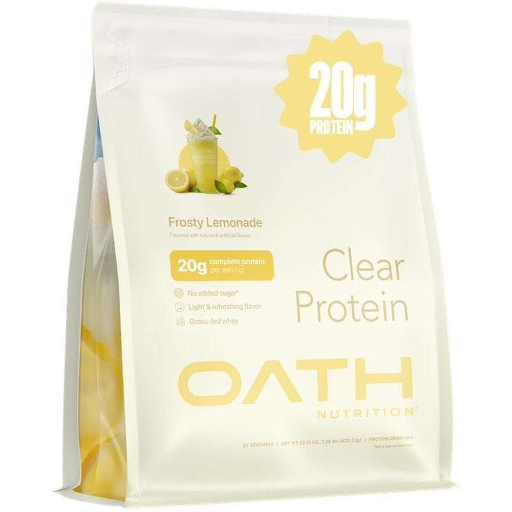 Oath Nutrition Clear Whey Isolate Protein Powder Frosty Lemonade front view.