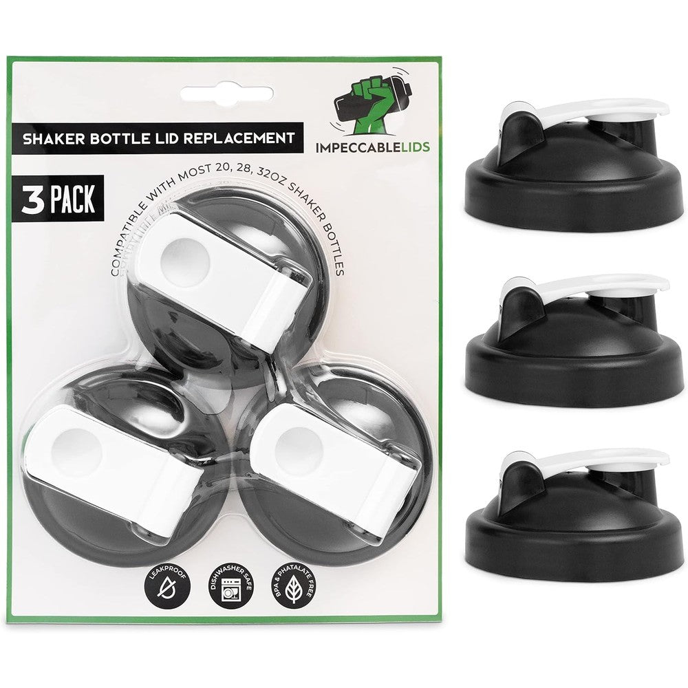 Impeccable Lids shaker bottle replacement lid 3 pack in black for gym shaker bottles