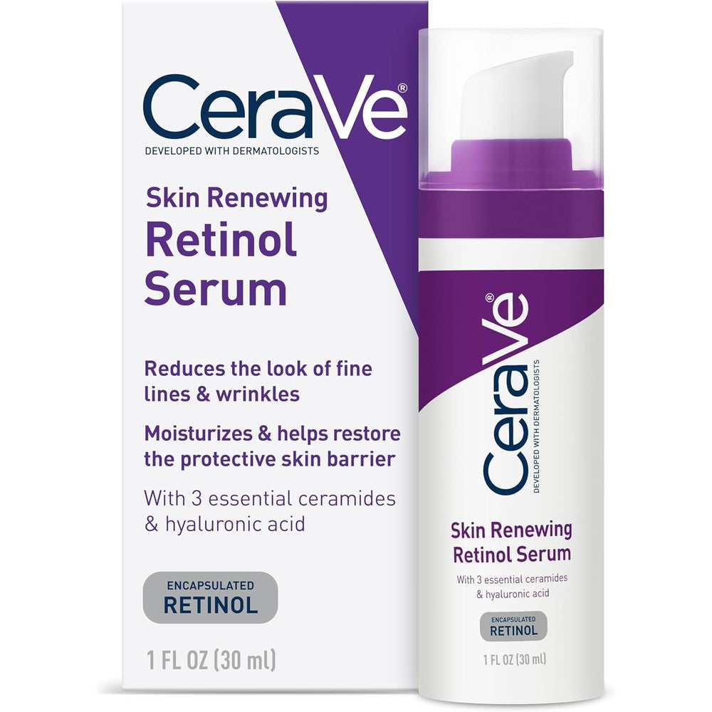 CeraVe Skin Renewing Retinol Serum front view of the white and purple bottle next to its retail box showcasing anti aging benefits.