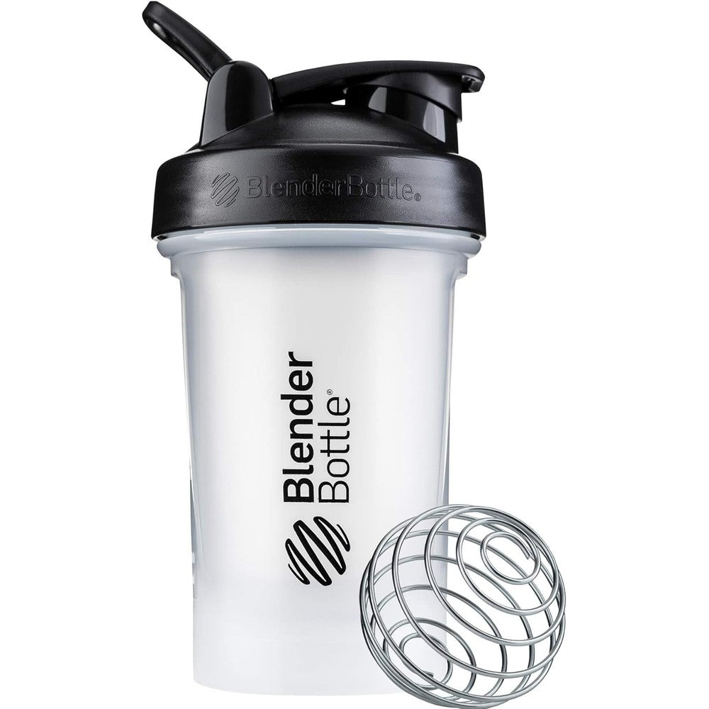BlenderBottle Classic V2 shaker bottle in clear and black with stainless steel whisk ball