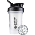 BlenderBottle Classic V2 shaker bottle in clear and black with stainless steel whisk ball