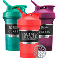 BlenderBottle Classic V2 3 pack red green and plum front view protein shaker.
