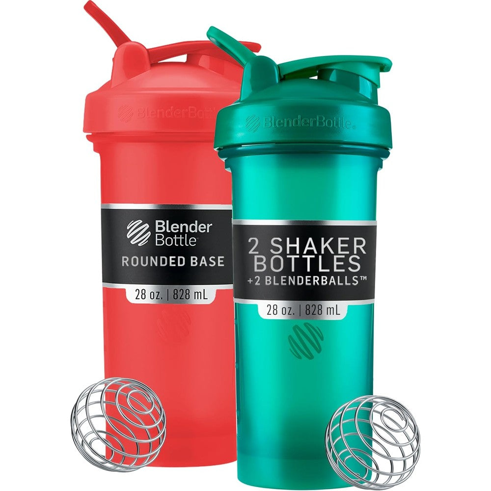 BlenderBottle Classic V2 shaker bottle 2 pack in red and green with stainless steel whisks & mixer bottle