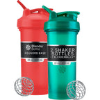 BlenderBottle Classic V2 shaker bottle 2 pack in red and green with stainless steel whisks & mixer bottle