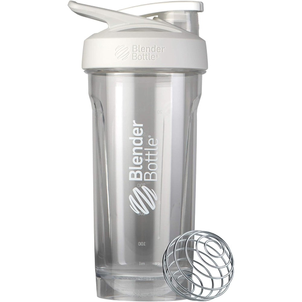 BlenderBottle Strada Tritan shaker bottle in white with a secure push button locking lid