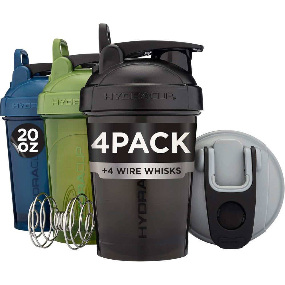 Hydra Cup 4 pack shaker bottles in assorted colors with mixing whisk balls