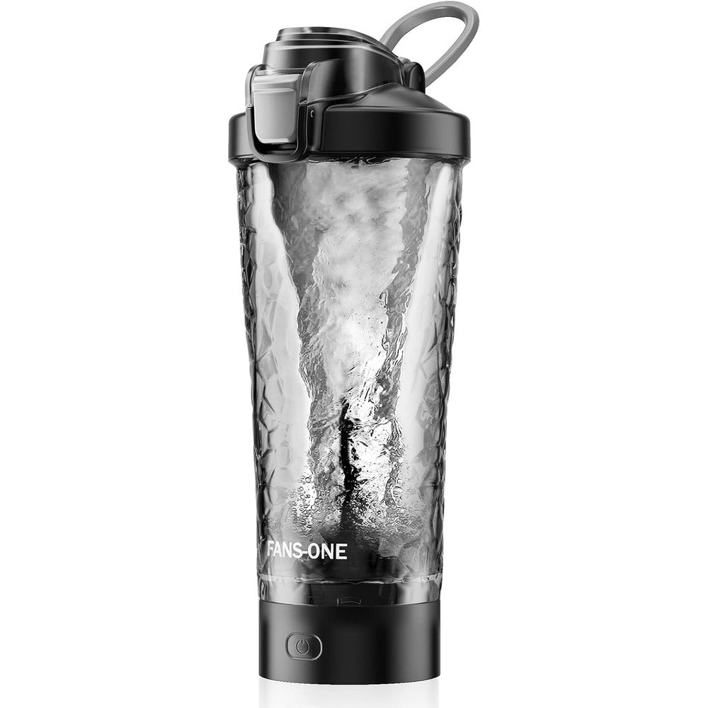 FANS ONE premium electric protein shaker bottle in black with a lockable leak proof lid