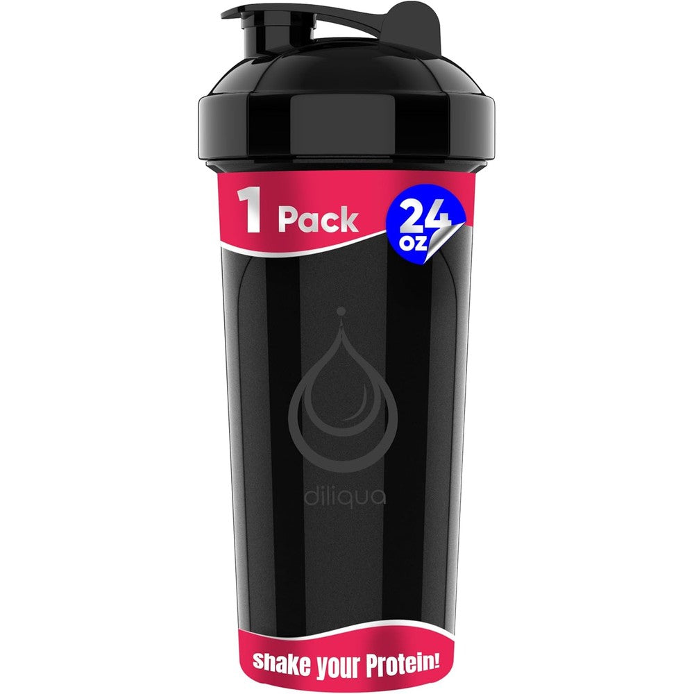 diliqua protein shaker bottle in black with 24oz capacity and stainless steel wire whisk