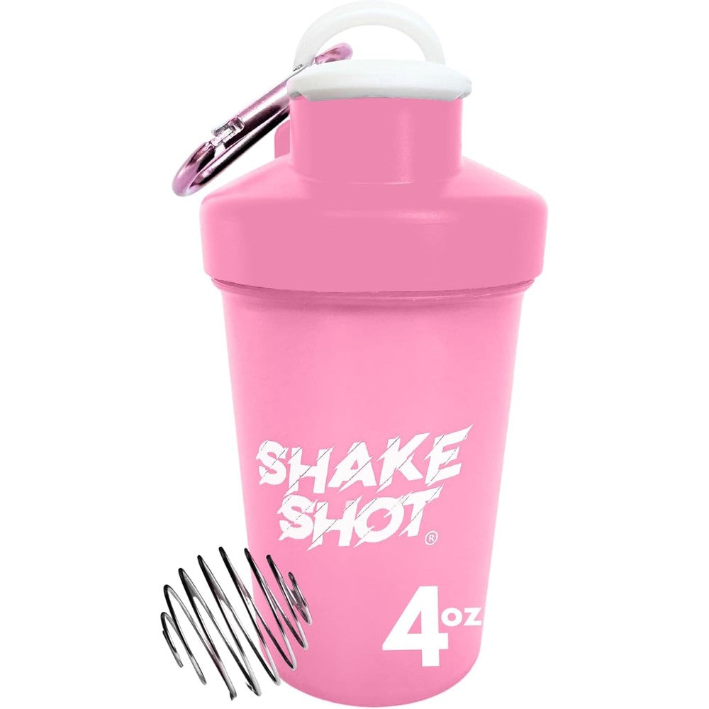 Shake Shot pink 4oz mini shaker bottle with carabiner clip and shaker ball