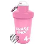 Shake Shot pink 4oz mini shaker bottle with carabiner clip and shaker ball