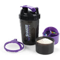 XTKS shaker bottle 16oz in purple and black with integrated powder storage and pill tray
