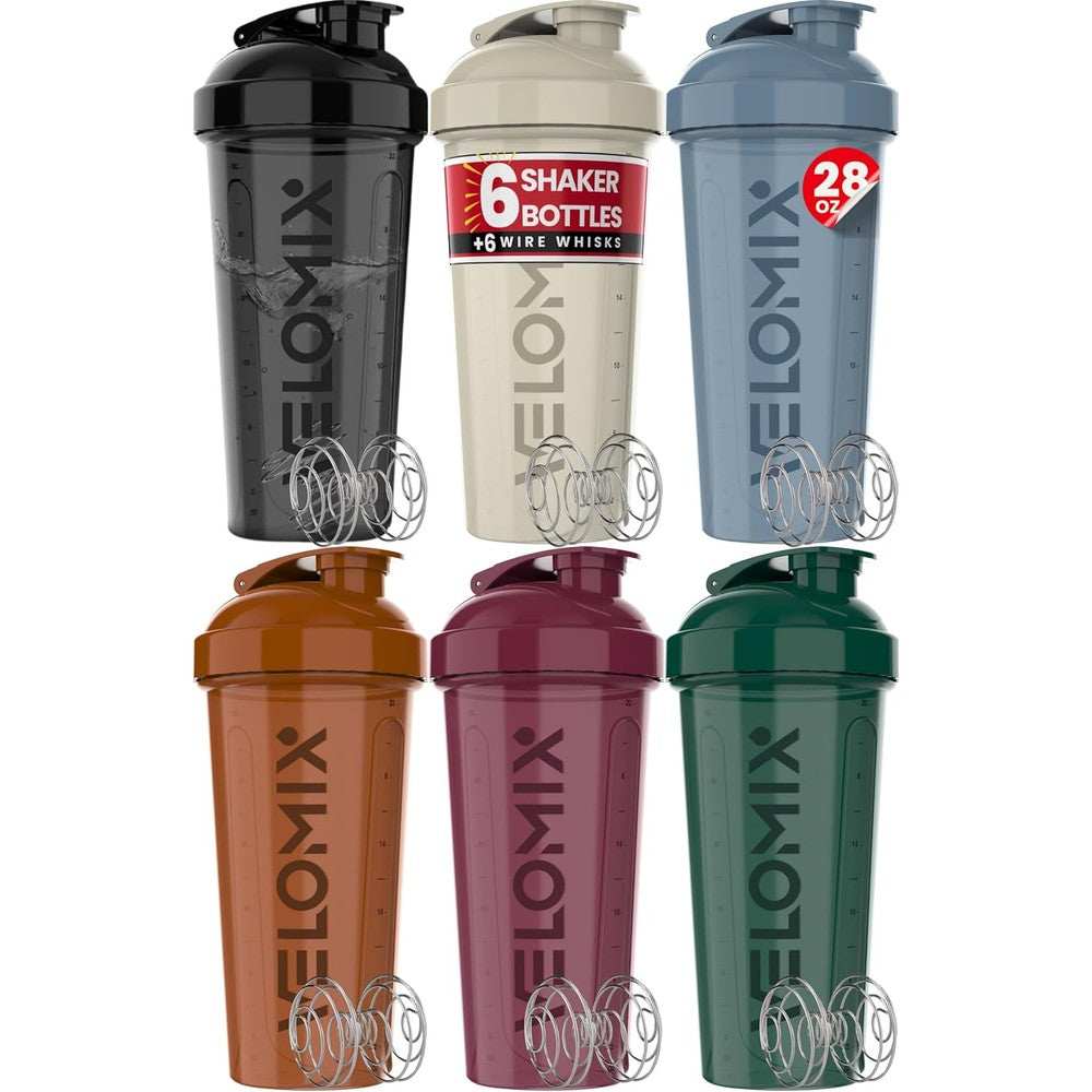 VELOMIX 6 pack protein shaker bottles 28 oz wire whisk system