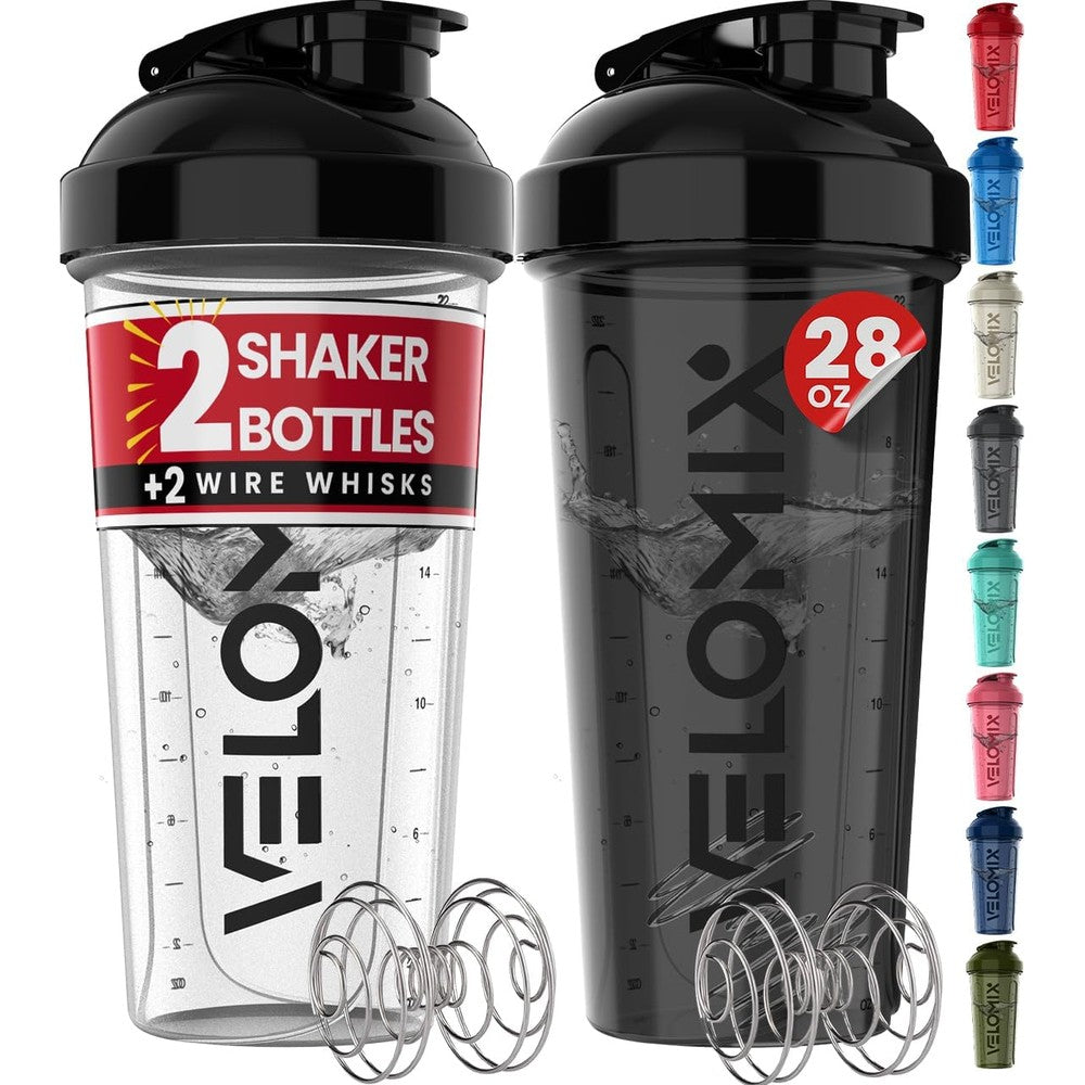 VELOMIX 2 pack protein shaker bottle 28 oz wire whisk mixing system