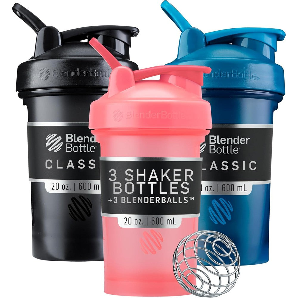 BlenderBottle Classic V2 shaker bottle 3 pack in black navy and pink with mixing balls
