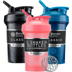 BlenderBottle Classic V2 shaker bottle 3 pack in black navy and pink with mixing balls