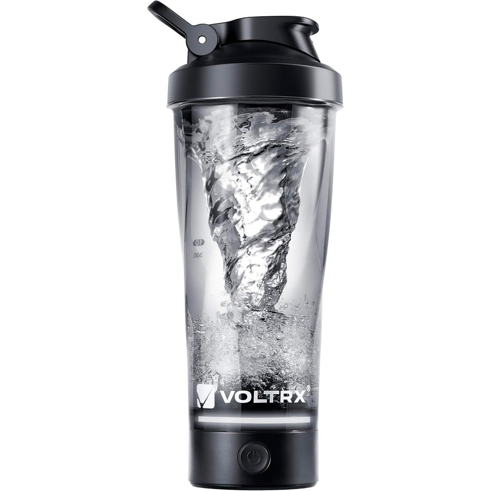VOLTRX VortexBoost electric shaker bottle in black showing the powerful internal mixing vortex