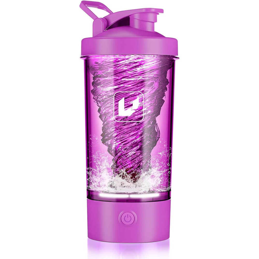 Cholas Electric Shaker Bottle front view showing purple Tritan body and USB-C port.