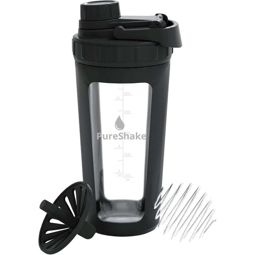 Paddi glass shaker bottle 20oz with clear borosilicate body and leakproof black lid