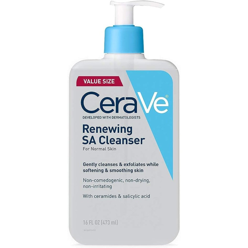 CeraVe Renewing Salicylic Acid Cleanser sixteen ounce bottle front view highlighting the brand logo and key ingredients.