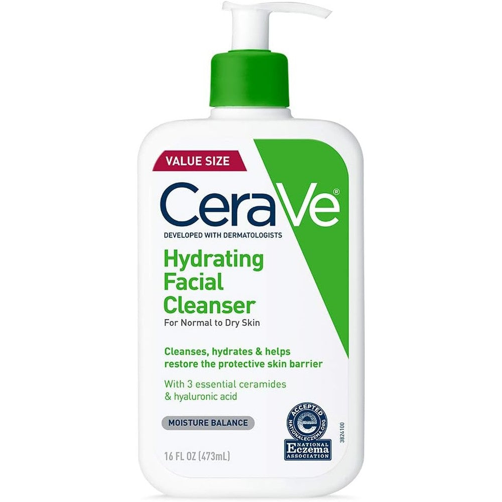 CeraVe Hydrating Facial Cleanser 16 Ounce bottle front view showing brand logo and dry skin formulation details