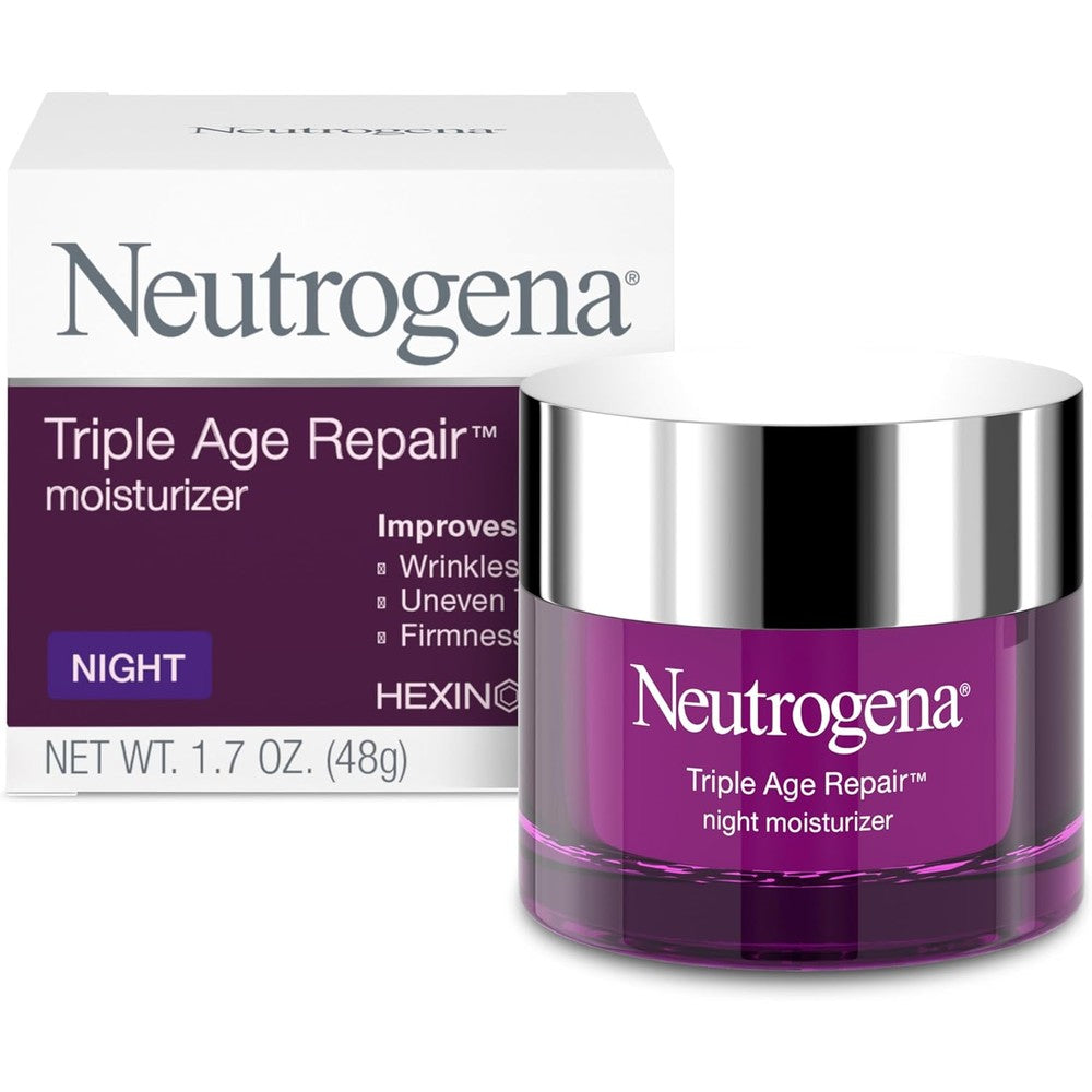 Neutrogena Triple Age Repair Night Moisturizer front view of the packaging jar showcasing anti-wrinkle benefits