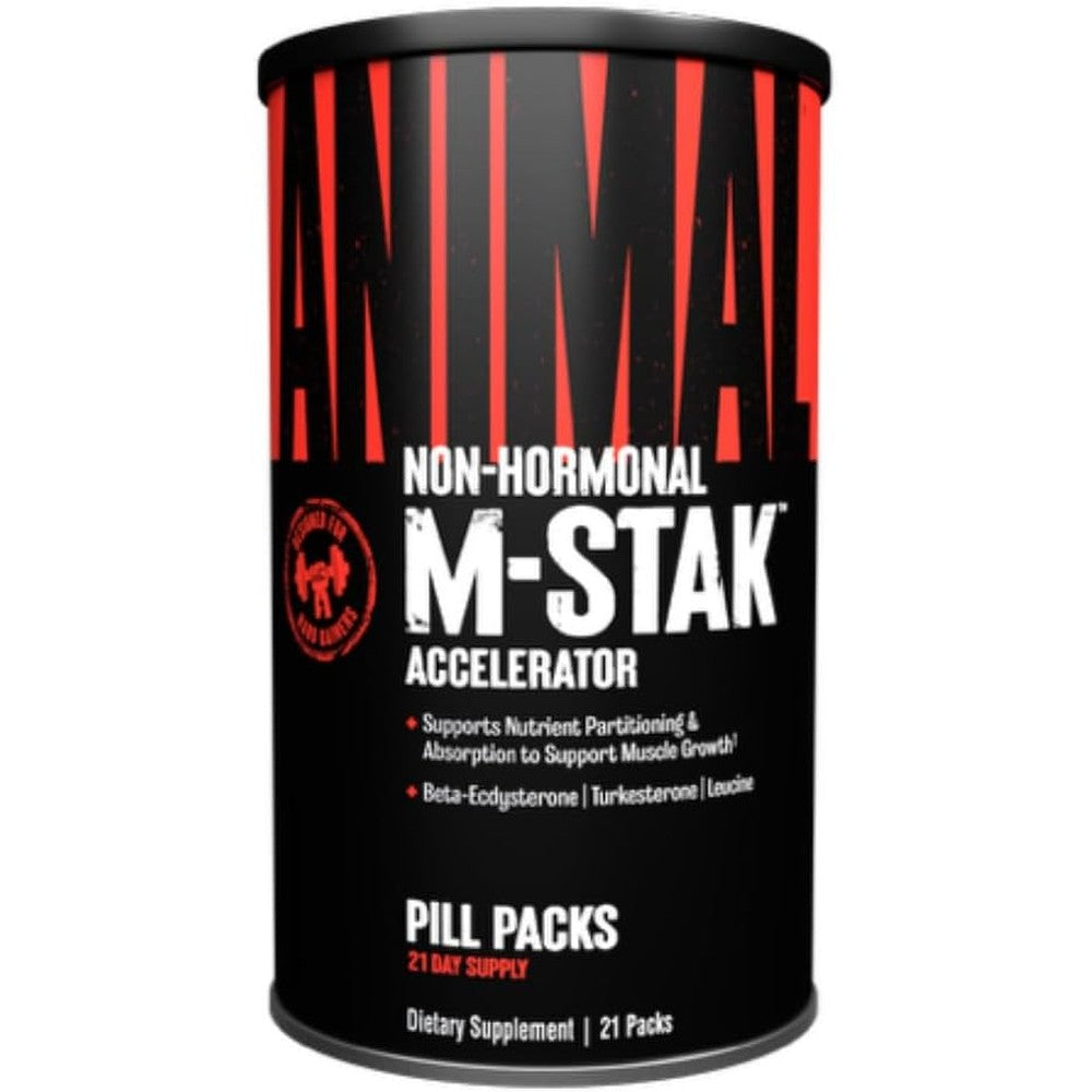 Universal Nutrition Animal M-Stak twenty one packs container front view showing non-hormonal muscle builder label.