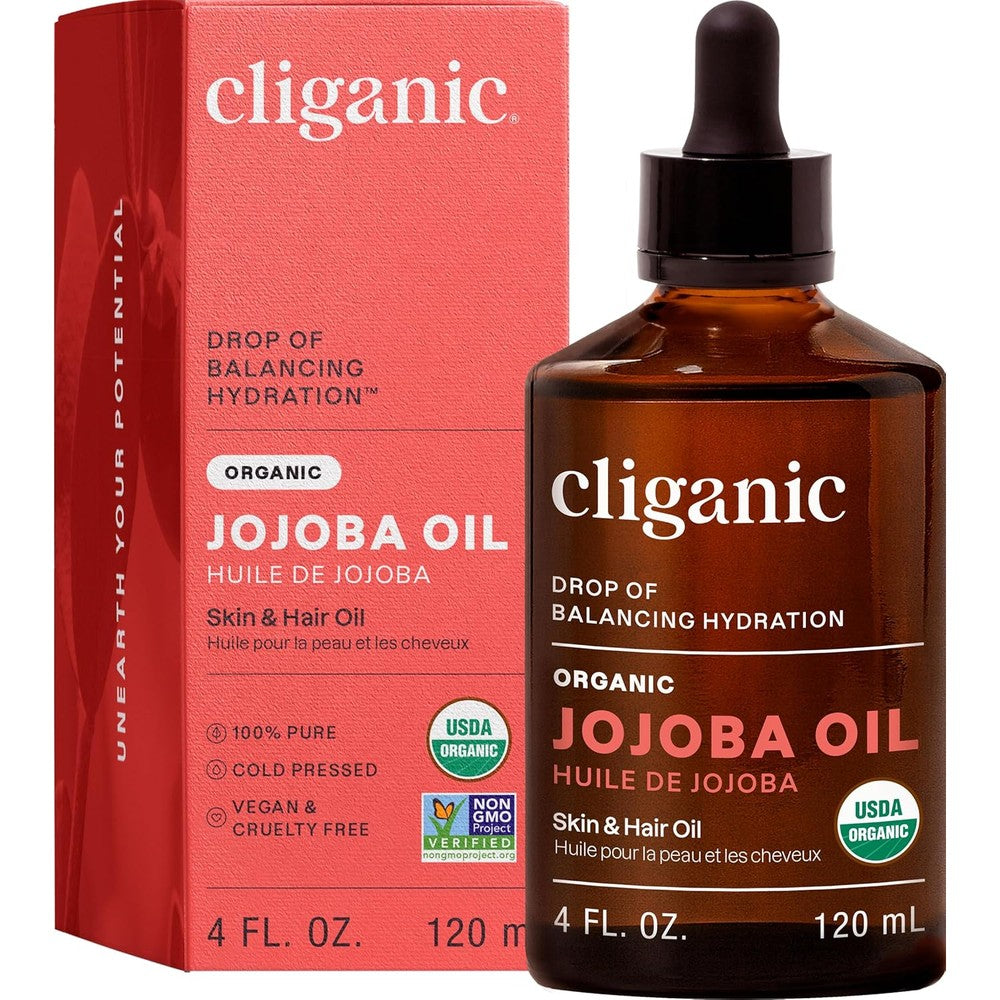 Cliganic USDA Organic Jojoba Oil four ounce front view showing authentic product labeling.