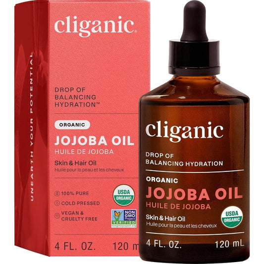 Cliganic USDA Organic Jojoba Oil four ounce front view showing authentic product labeling.