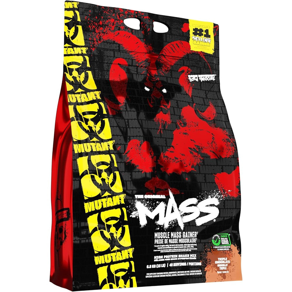 Mutant Mass Weight Gainer 15 Pound Triple Chocolate bag front view showing muscle growth benefits.
