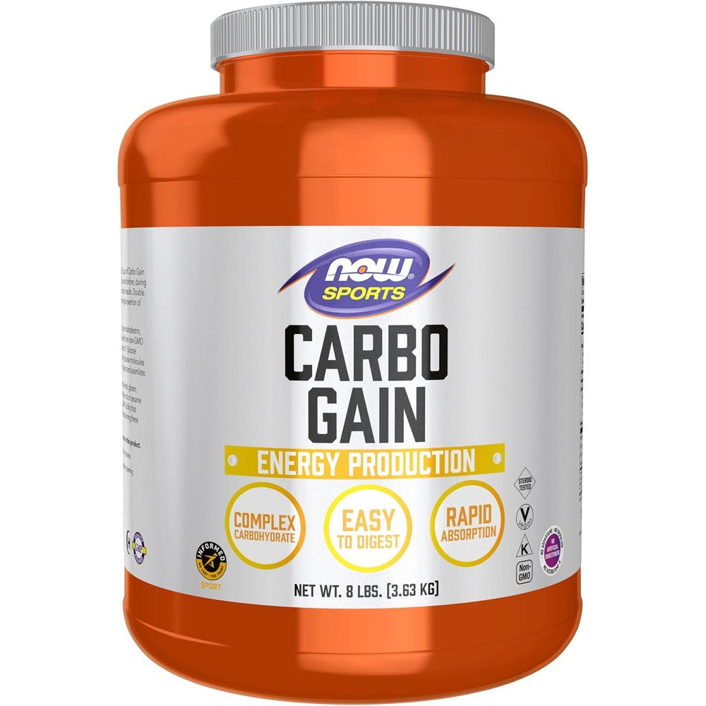 NOW Foods Sports Carbo Gain Powder 8 Pounds front view showcasing packaging design.