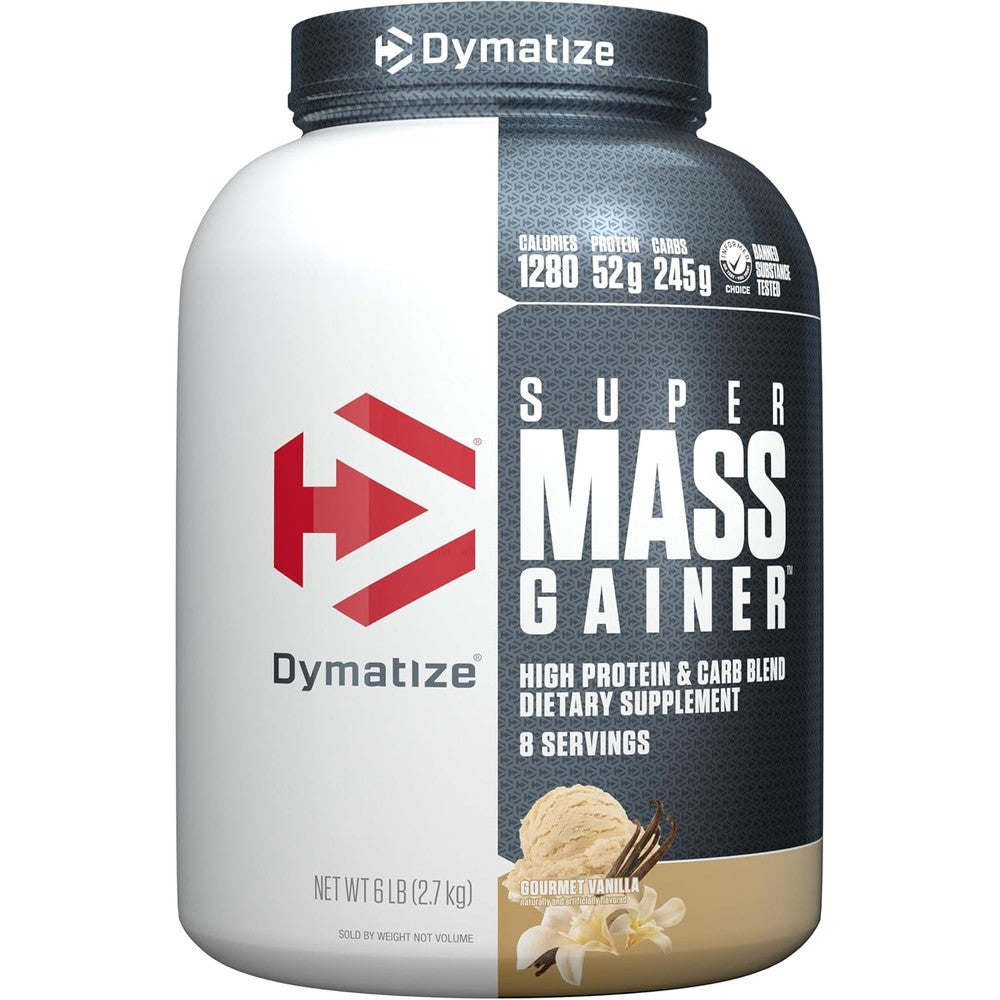 Dymatize Super Mass Gainer Gourmet Vanilla front view muscle building supplement bottle