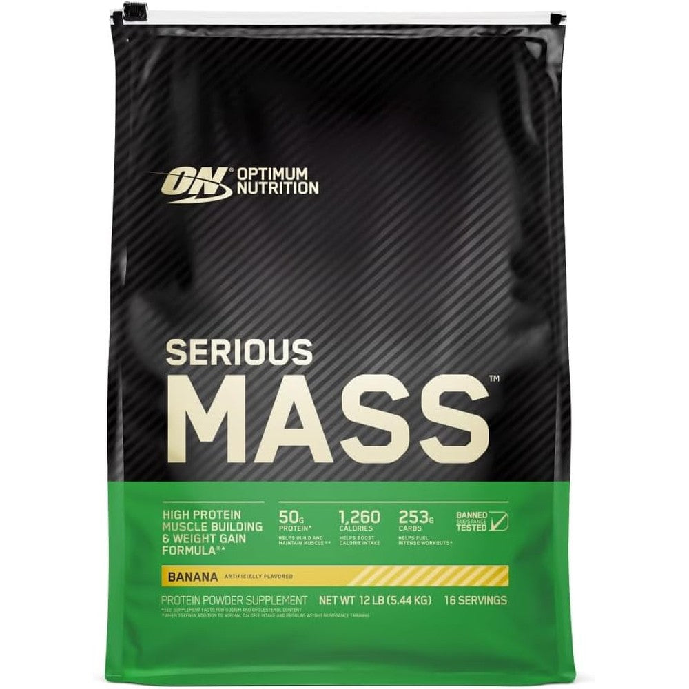 Optimum Nutrition Serious Mass Banana 12 pound bag front view weight gainer