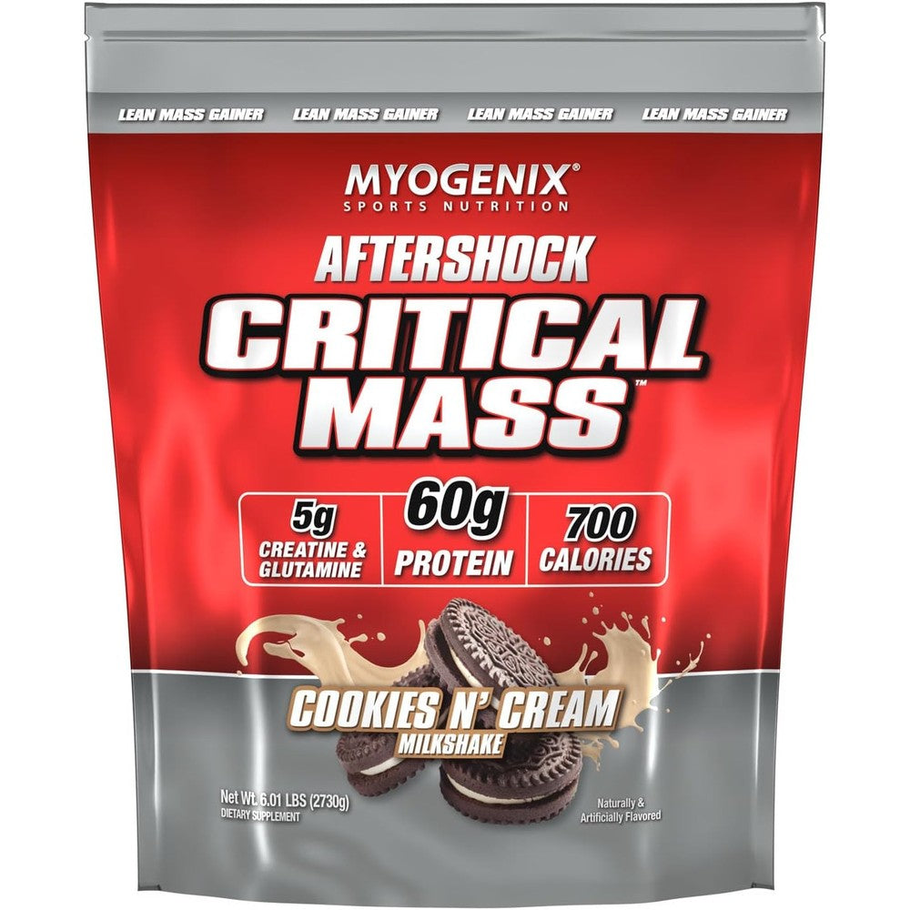 Myogenix AfterShock Critical Mass Gainer Chocolate front view authentic imported supplement.