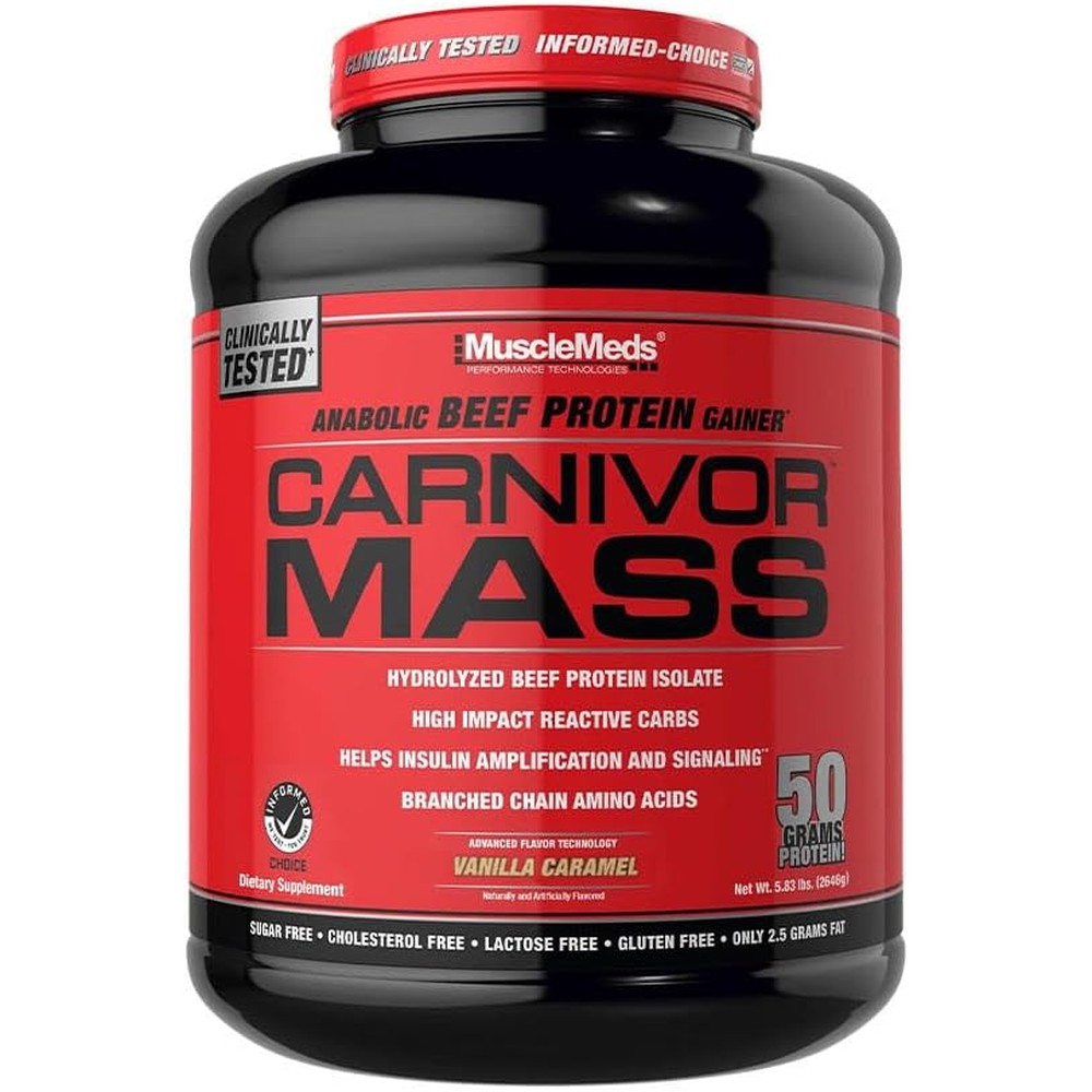 MuscleMeds Carnivor Mass Vanilla Caramel front view beef protein gainer