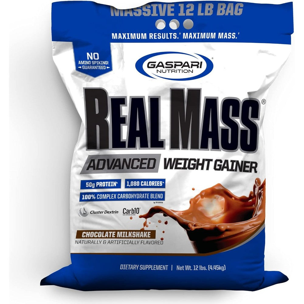 Gaspari Nutrition Real Mass Chocolate 12 Pounds bag front view for muscle building.