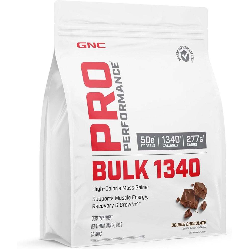 GNC Pro Performance Bulk 1340 Mass Gainer Double Chocolate front view muscle recovery supplement
