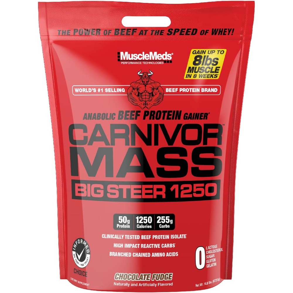 MuscleMeds Carnivor Mass Big Steer 1250 Chocolate 15 Pound bucket front view showing beef protein isolate label.