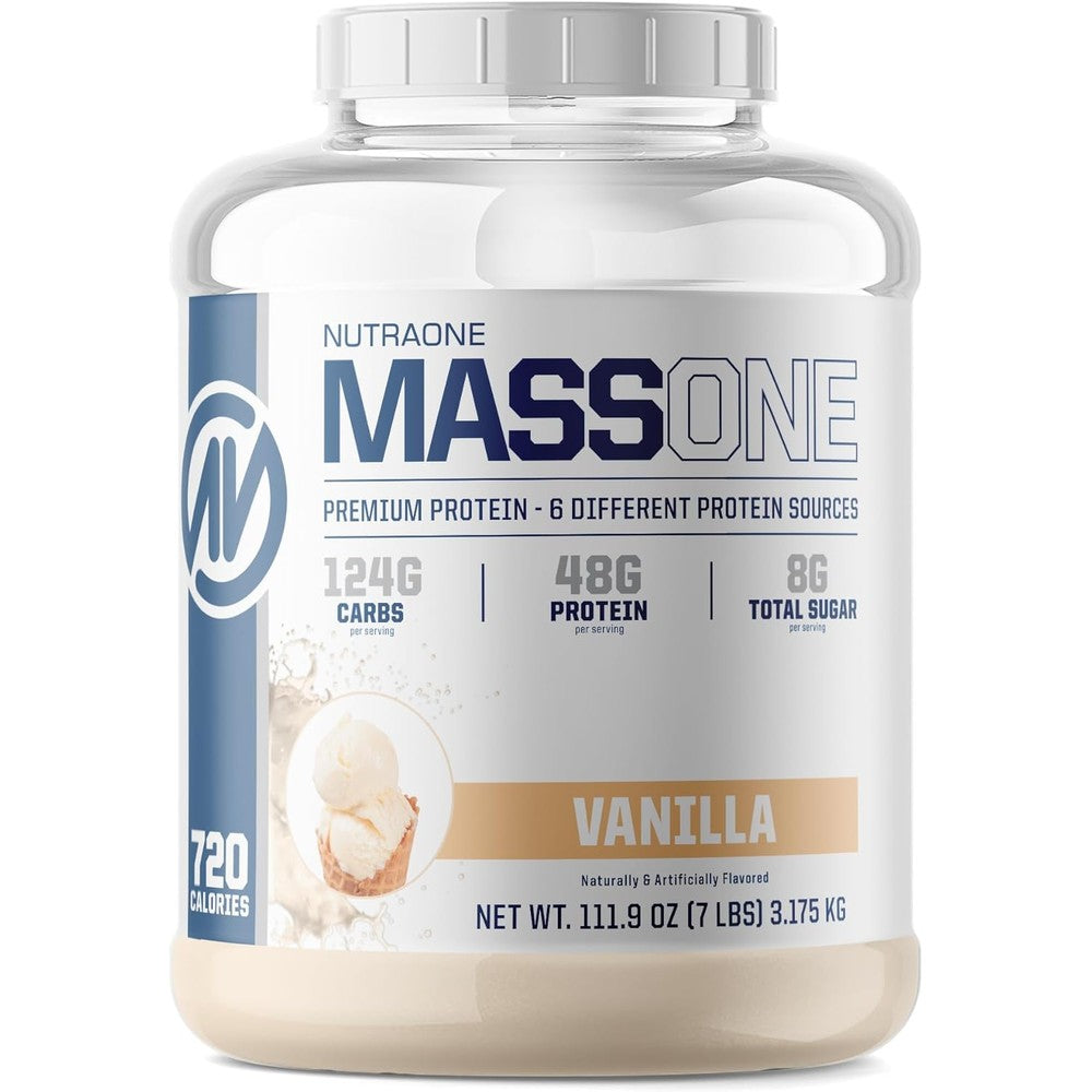 NutraOne Massone Mass Gainer Chocolate 7 Pounds front view high calorie supplement