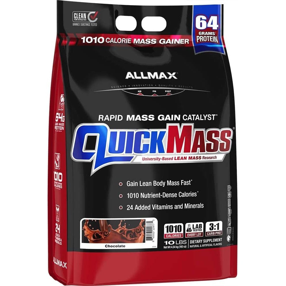 AllMax Nutrition QuickMass 10 lb chocolate mass gainer protein powder bag
