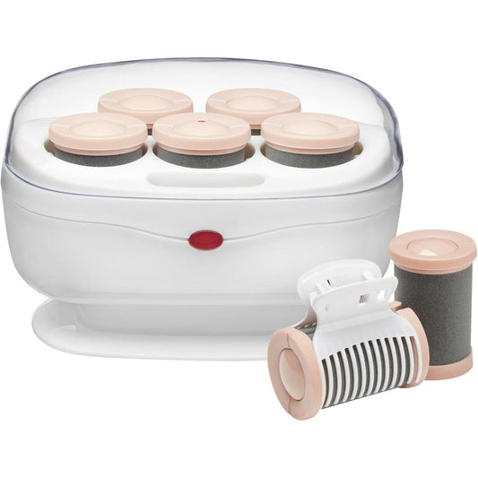 Conair double ceramic hot rollers front view showcasing the pink and white compact travel pouch