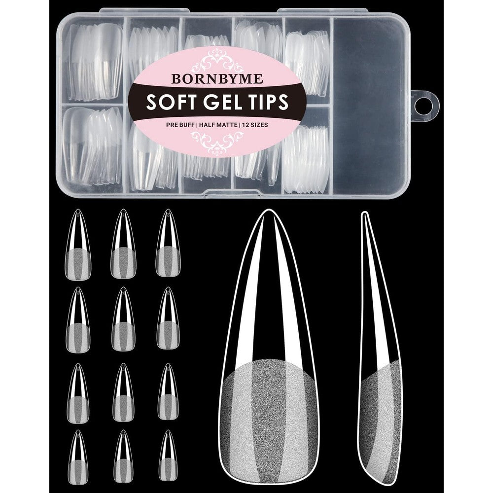 BORNBYME long stiletto soft gel nail tips in 120pcs clear storage box