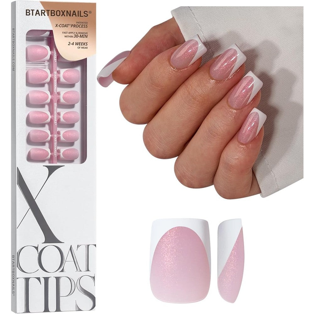 BTArtboxnails XCOATTIPS pink glitter french tip press on nails in short square shape