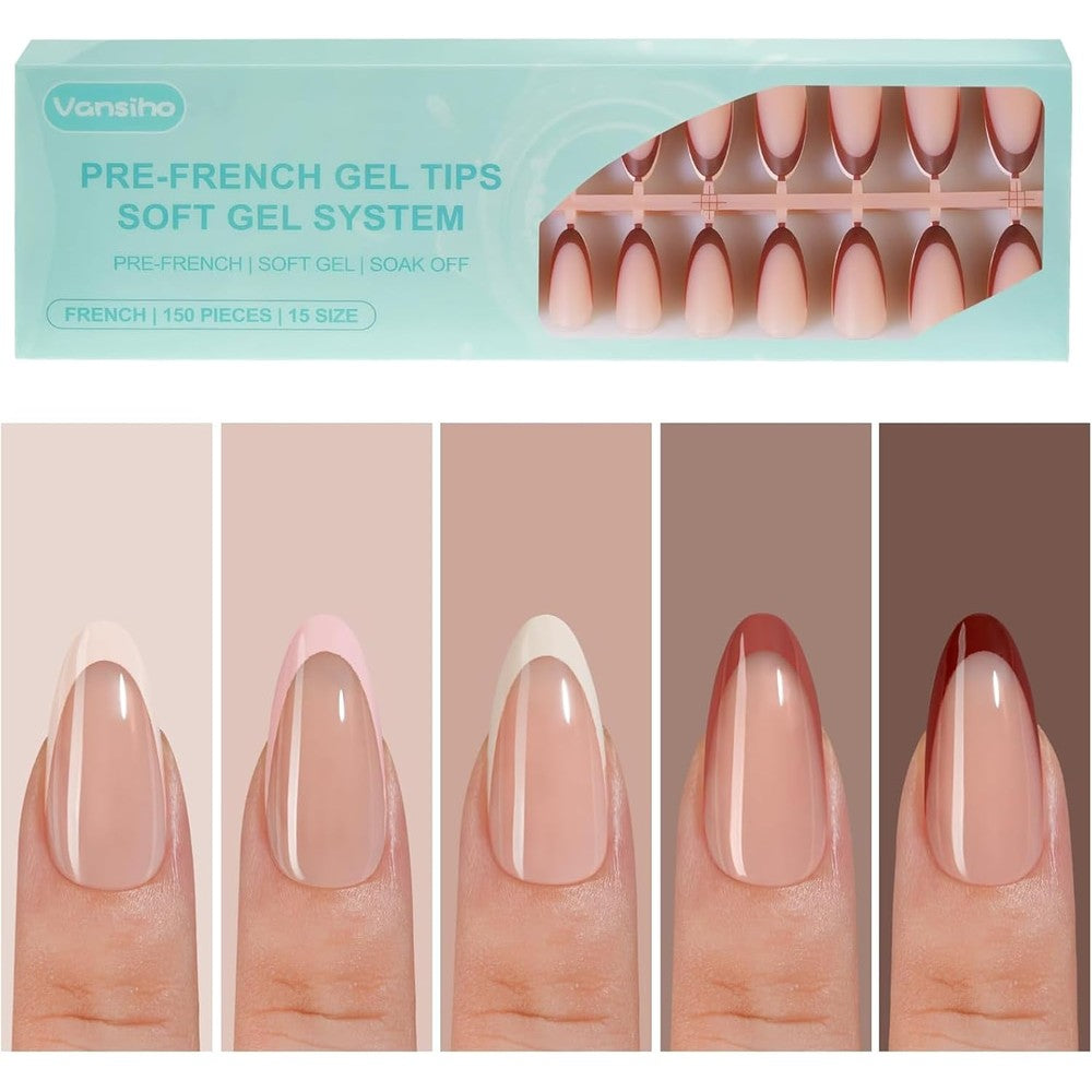 Vansiho French gel nail tips almond medium in a clear 150 piece organizer