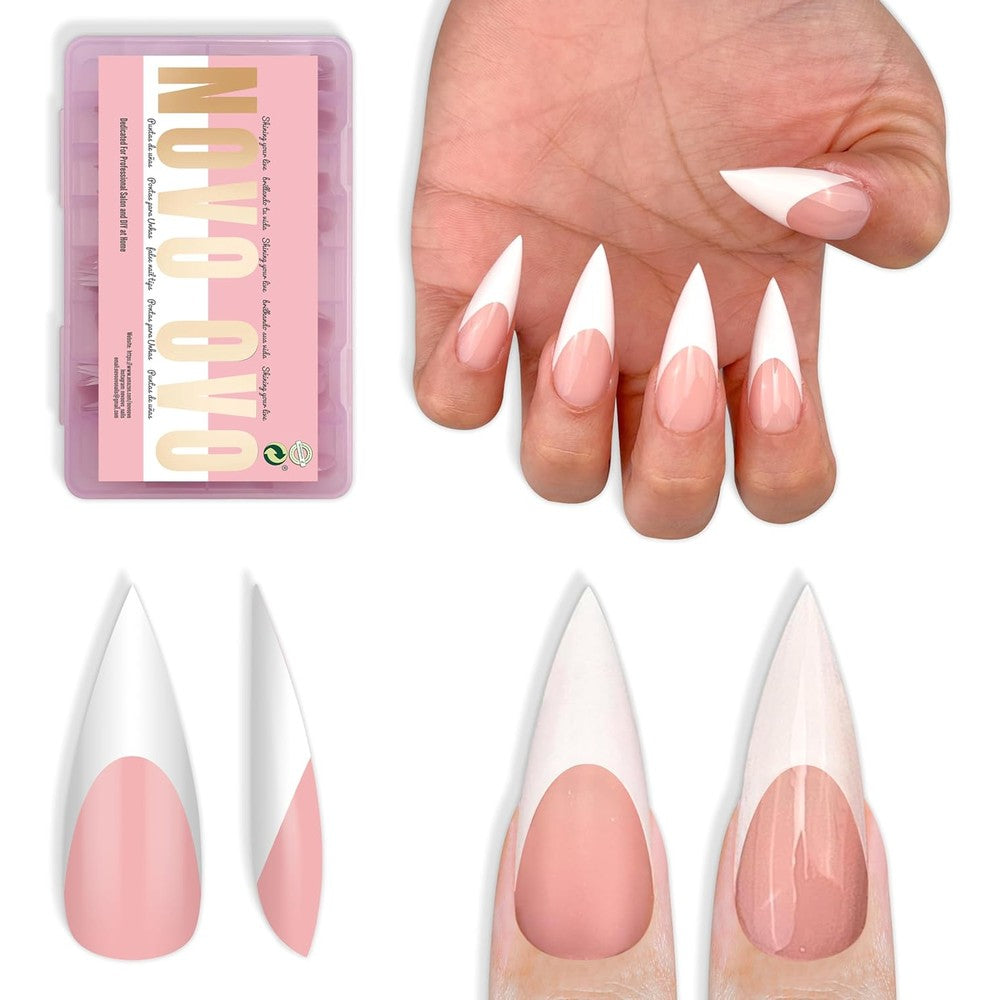 NOVO OVO White French Tip Stiletto nails with baby pink base for long extensions