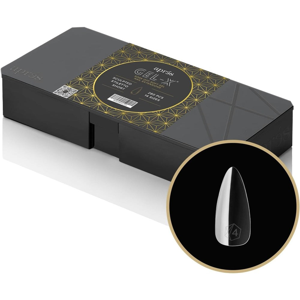 Apres Gel-X Stiletto Box of nails with tips in sculpted short style for professional gel nail extensions