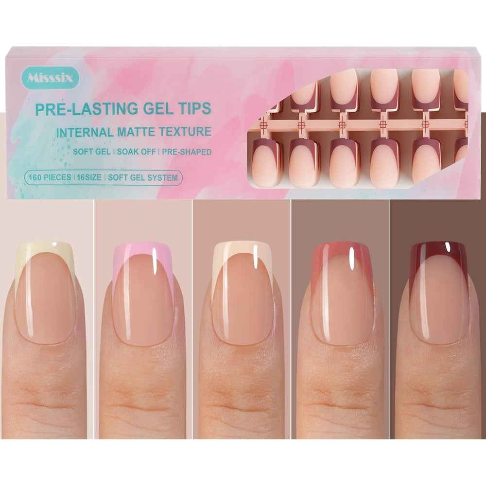 Misssix French Gel Press on Fake Nail Tips with short square multicolor designs for extensions