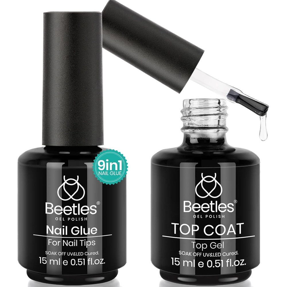 Beetles gel nail glue and no wipe top coat kit in 15ml professional glass bottles