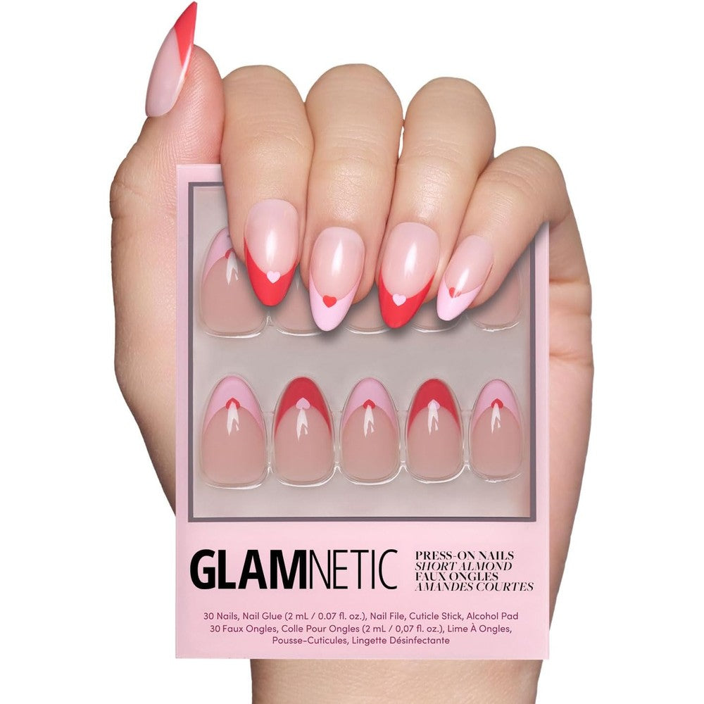 Glamnetic Pure Hearted press on nails featuring red and pink heart french tips