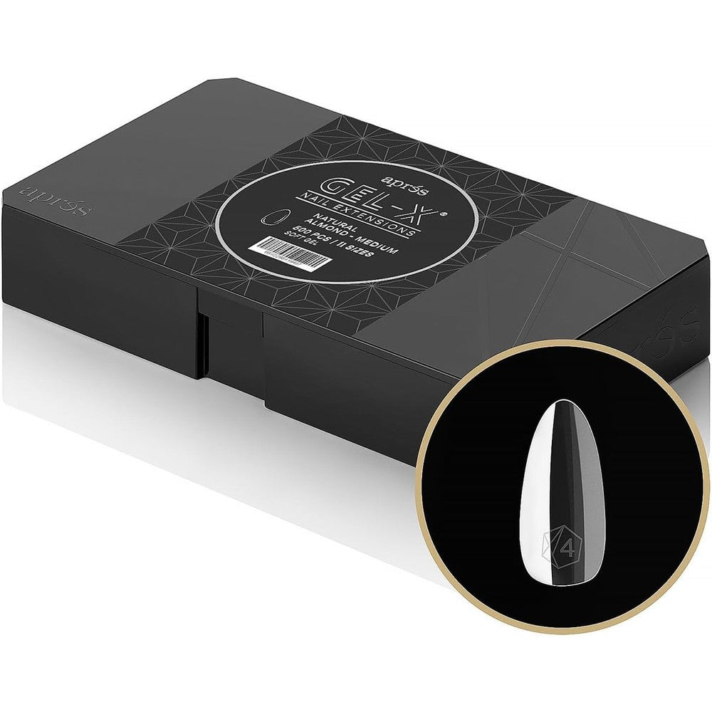 APRÃ‰S Gel-X soft gel tip box containing 500 clear natural almond medium nail tips